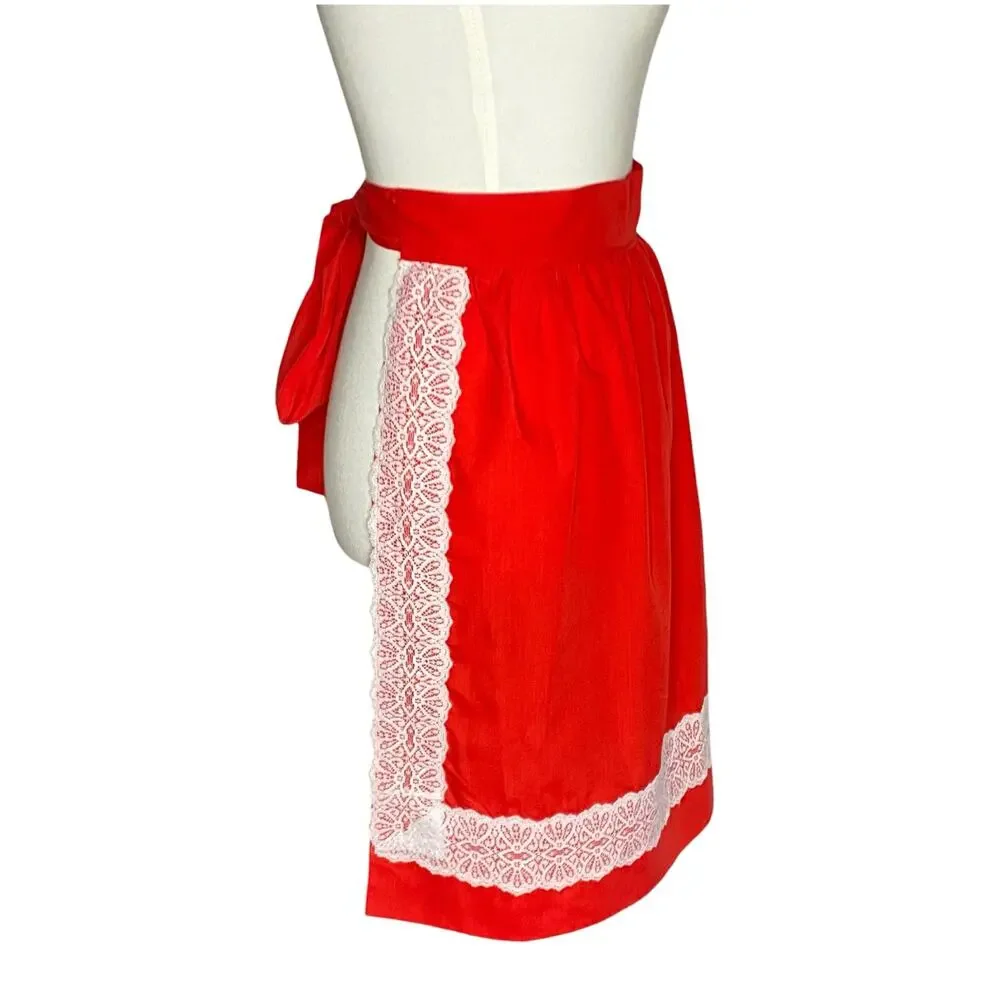 VTG Half Apron Red Lace Trim Retro 50s Hostess Kitchen Mrs Claus Costume Pocket